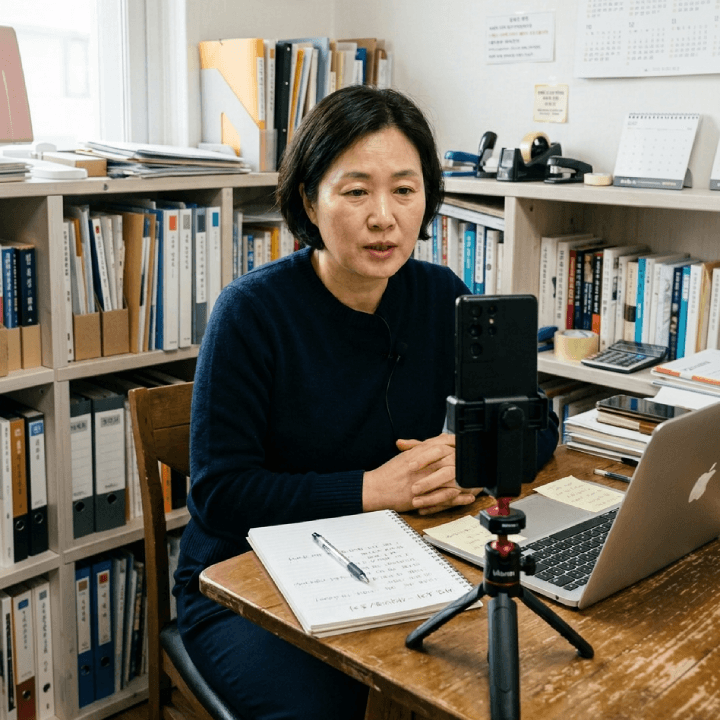 사무실 책상에서 스마트폰을 세워 두고 영상을 촬영하는 대표